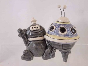 One piece alien / martian with spaceship salt and pepper shakers by Kath Jamison from England