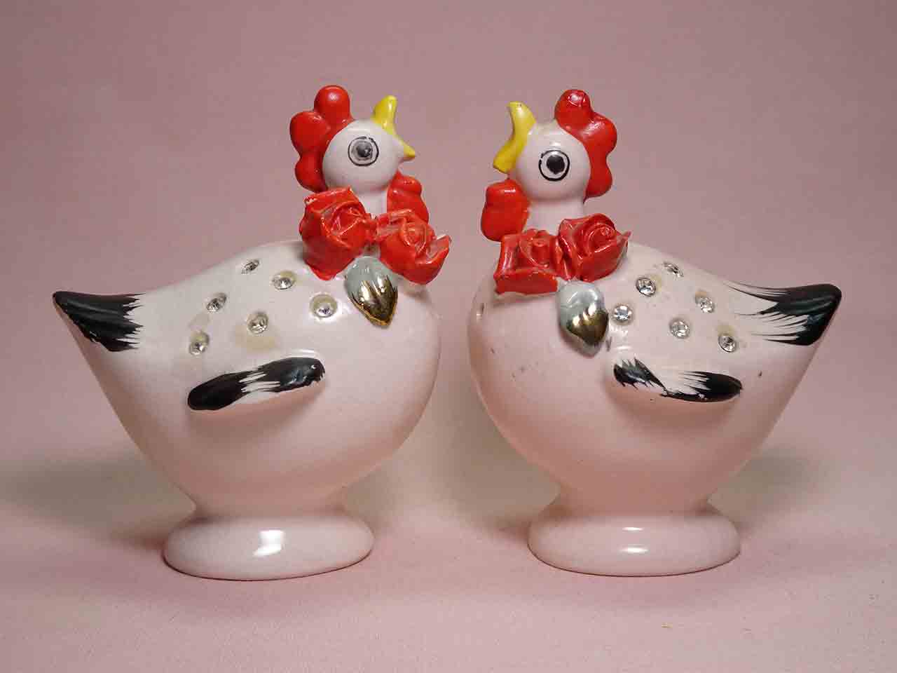 41826 Napco Pink Farm Animals with Rhinestones and Delicate Red Flowers - chickens / roosters